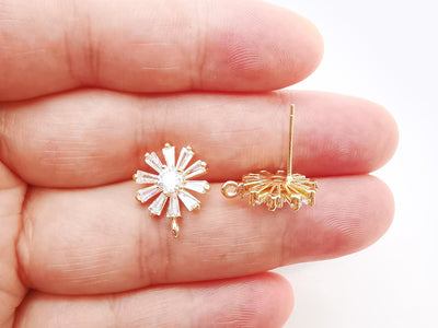 4 pendientes de circonita cúbica, pendientes de botón de latón chapado en oro auténtico con aro, pasador de plata S925, pendiente de flor, accesorio para pendientes Z012