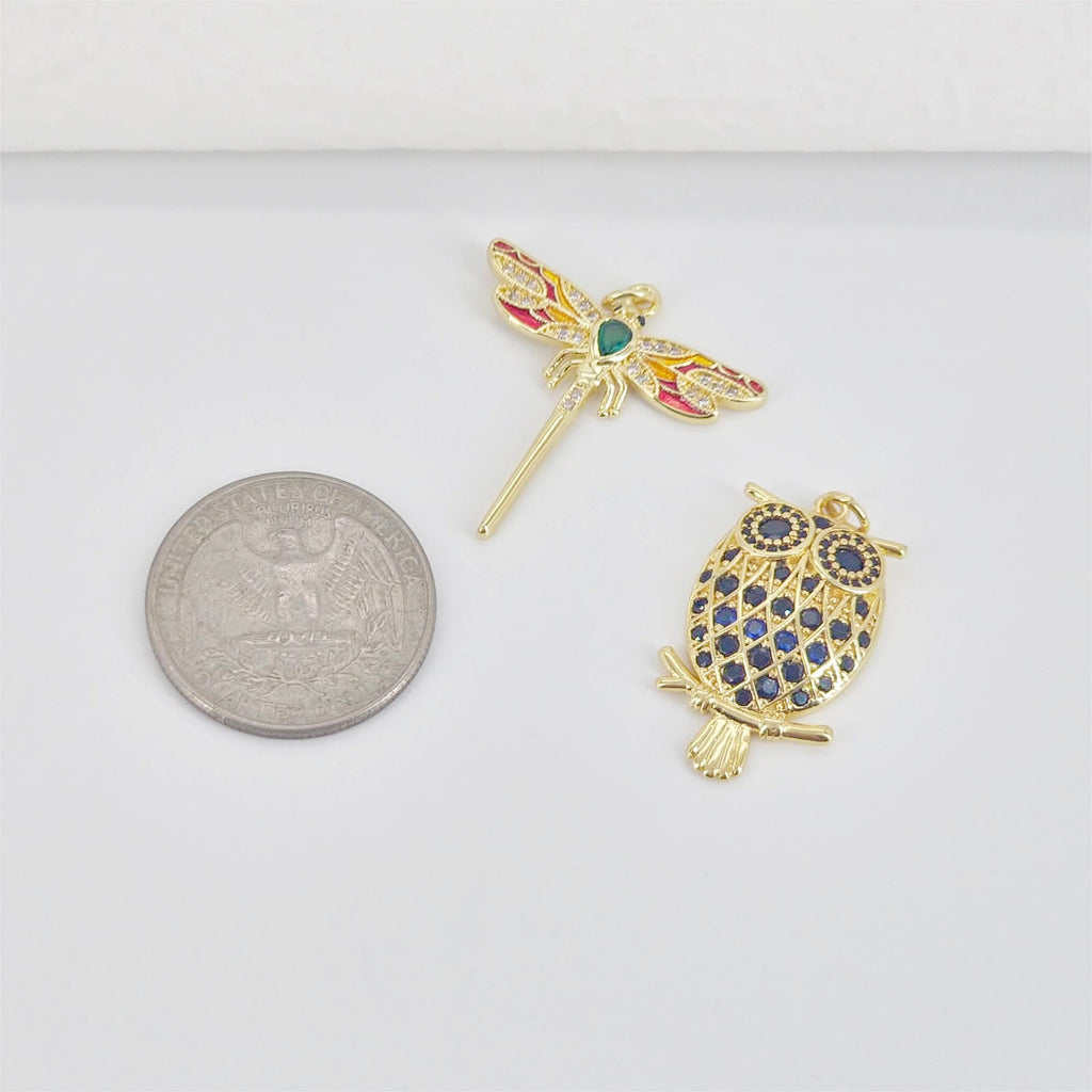 Owl Charms, Dragonflies Pendant, 18K Gold Plated Cubic Micro Pave Charms, The Owl Pendant, Necklace charms, Jewelry Findings S20770