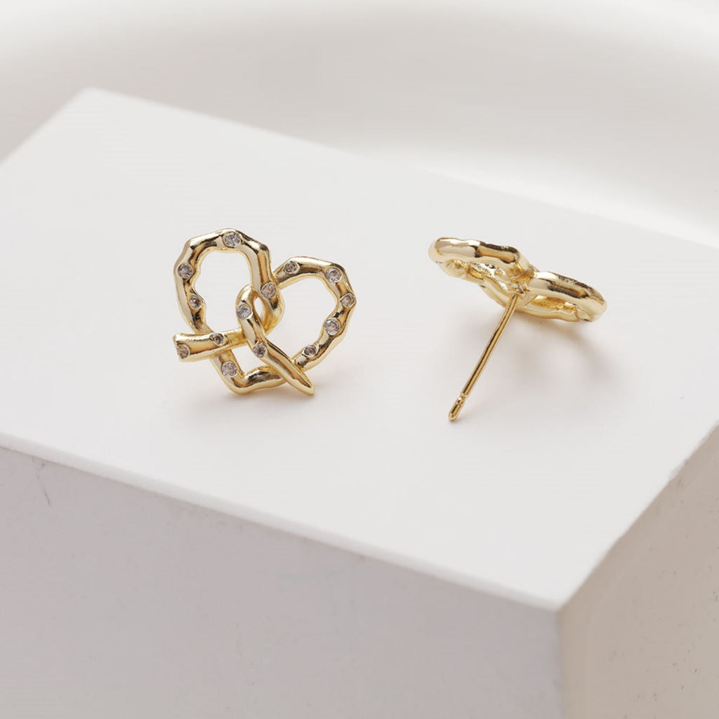 Gold love heart CZ Earring Post,  14K Gold Nickel Free Earrings, S925 Silver Ear Pins, 15mm, Heart Shape Ear Stud with Loop GZ383