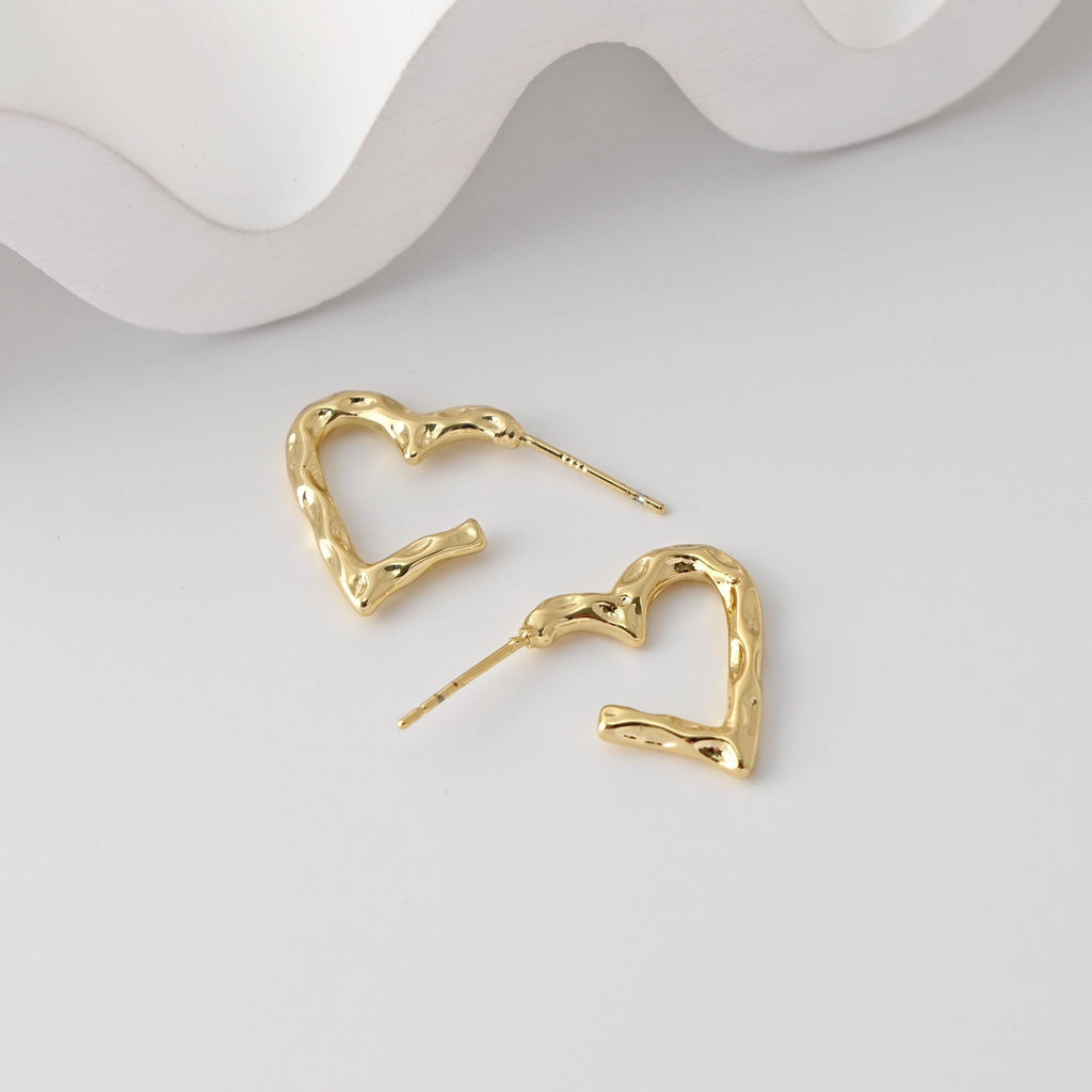 Gold Hammered Heart Earring Post, 18K Gold Plated Earrings, Nickel Free, 19.2*27mm, Love Shape Ear Stud, Earring Finding D0354