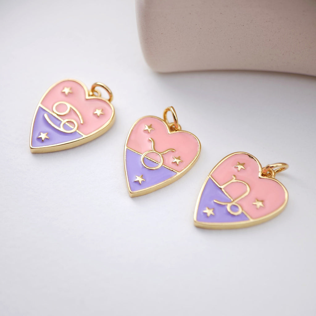 Zodiac Charms, Enamel Heart Constellation Pendant, 18K Gold Plated Zodiac Sign, Necklace Making Charms, Birthday Gift Jewelry Findings S1141