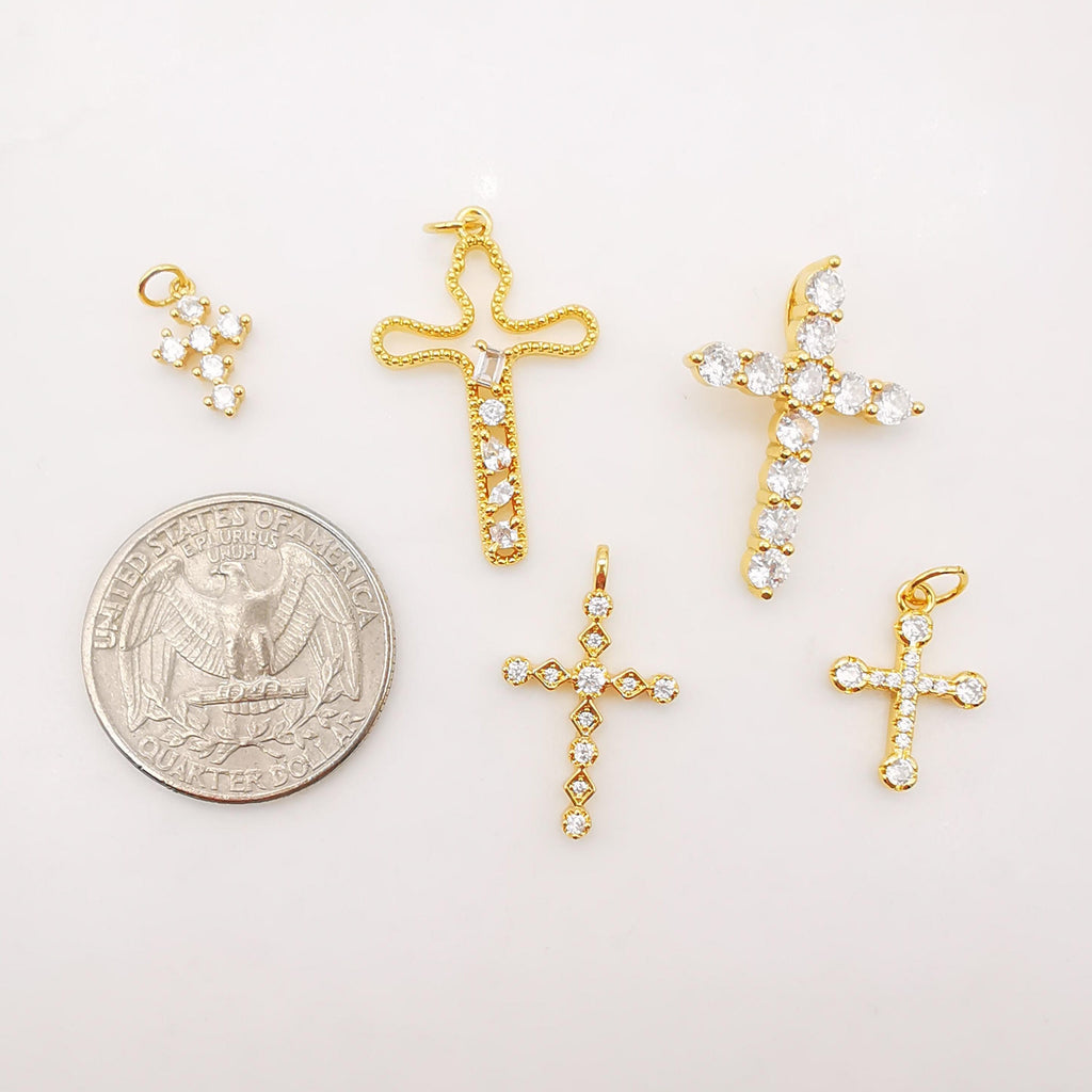 Cross Charms, CZ Pave Cross Pendant, Multiple Cross Styles, 18K Gold Plated Brass, Necklace Making Charms, Jewelry Findings S949