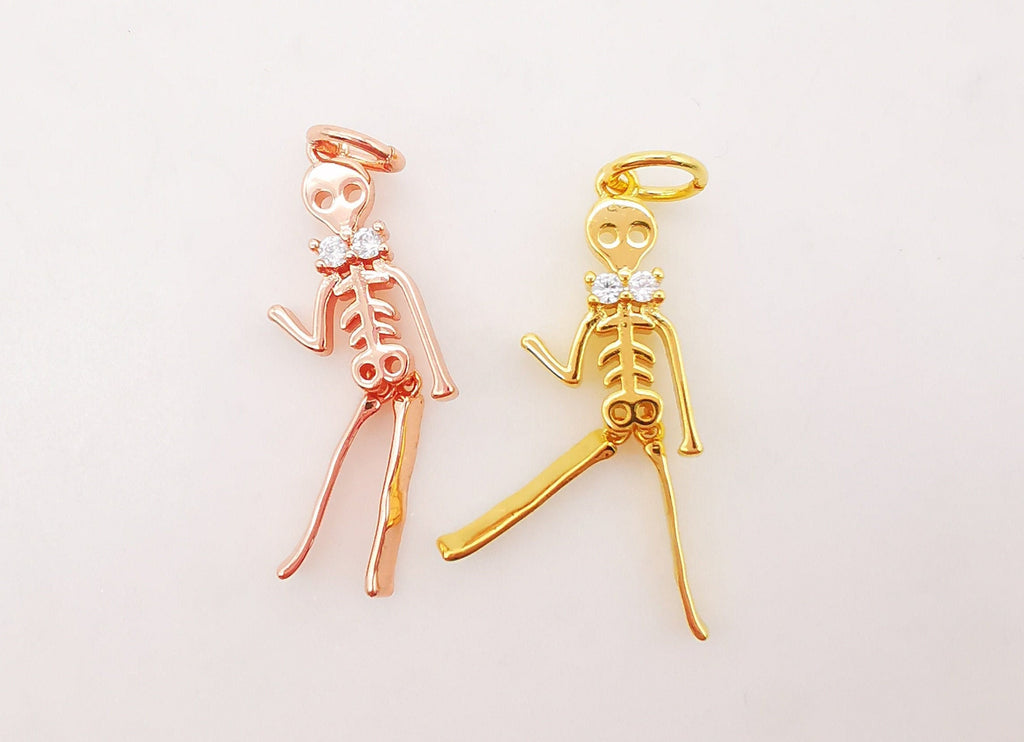 2PCS 18K Real Gold Dancing skeleton Male, bracelet necklace charms, Micro pave pendants, 24mm Jewelry Findings S651