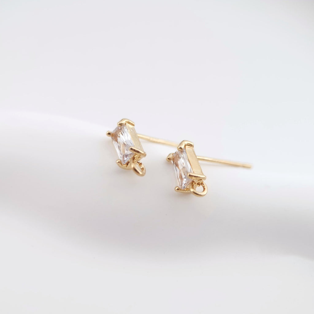 4pcs Rectangular CZ Earring Post With Loop, S925 Silver Pin Nickel Free Post, 18K gold Plated, Hypoallergenic Earring Findings ZX059