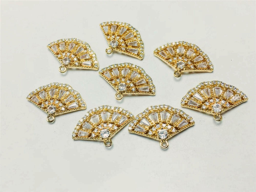 CZ Pave Fan Shape Charm, Cubic Zircon Crystal Fan Pendant, Bracelet Necklace Pendant, Gold Plated Charm, Jewelry Findings STG026-F113
