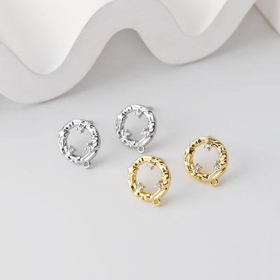 Round Earrings Post With Loop, CZ Pave, 18K Gold Plated, Nickel Free, S925 Silver Pin, Ear Stud Hypoallergenic Earring Findings D0402