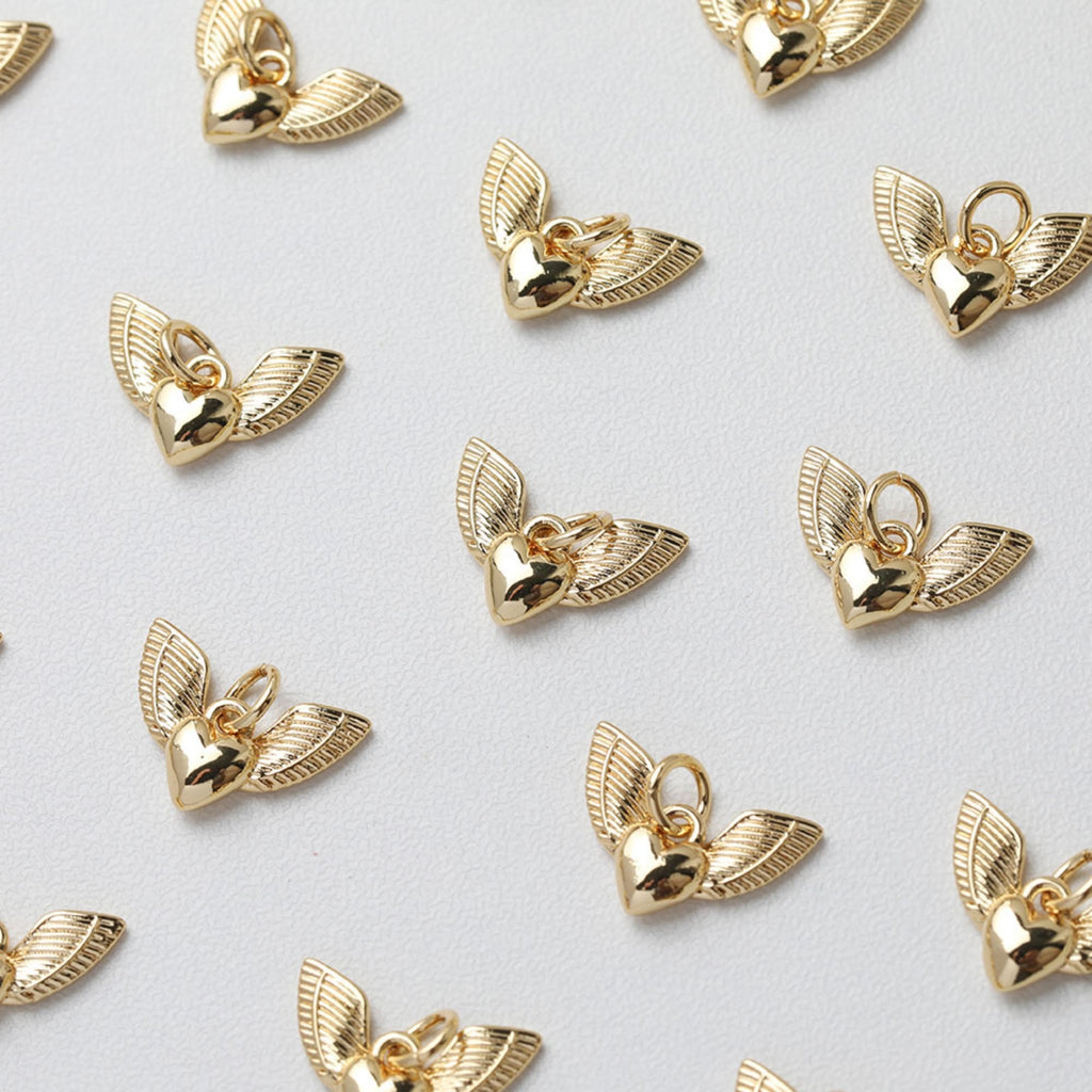 Gold Wings of Love Pendant, 14K Gold Wing Charm, Heart Charm for Necklace Making, Jewelry Findings GT032