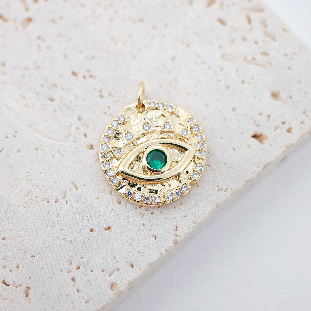Cubic Evil Eye Charm, 18K Gold Plated Micro CZ Pave Round Pendant, 15mm, Necklace Making Charm, Jewelry Findings S129