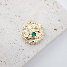 Load image into Gallery viewer, Cubic Evil Eye Charm, 18K Gold Plated Micro CZ Pave Round Pendant, 15mm, Necklace Making Charm, Jewelry Findings S129
