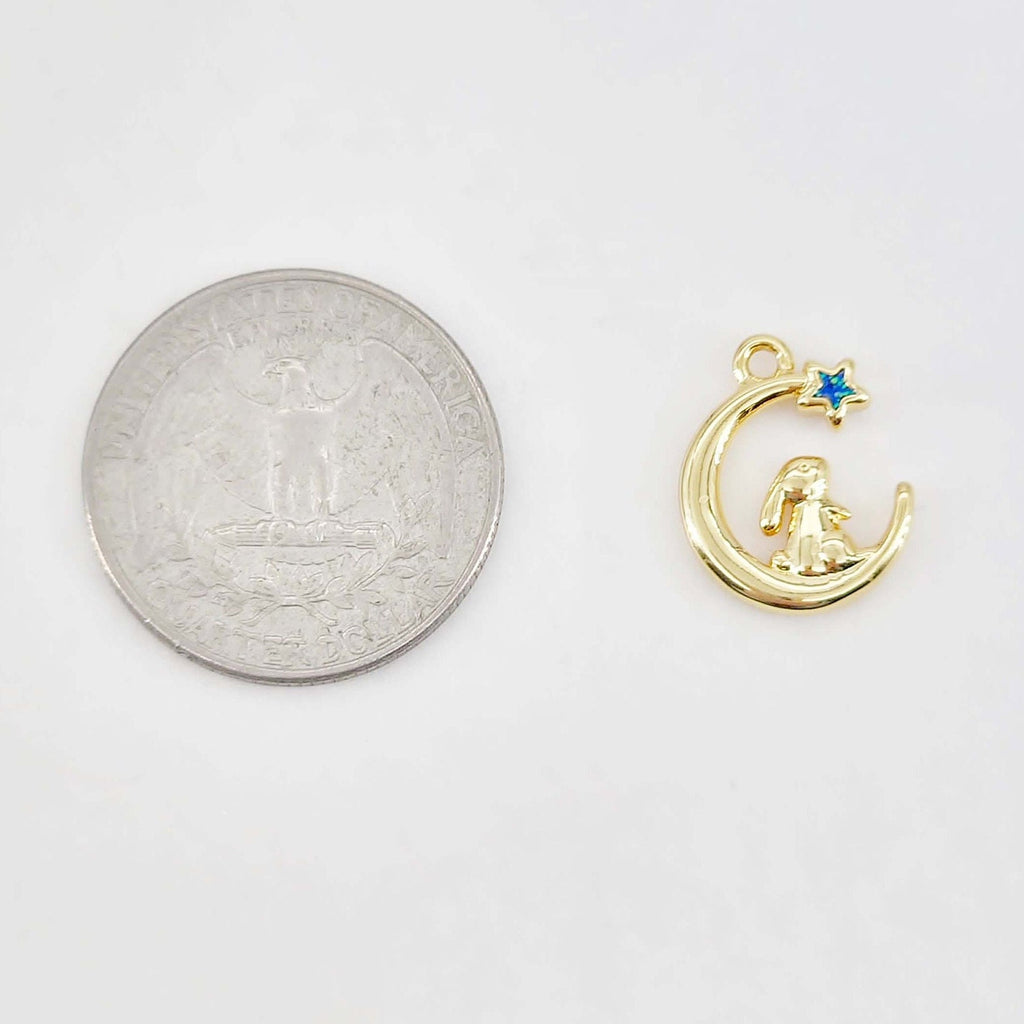 Bunny & Moon Charm, 18K Gold Plated Pendant, CZ Pave Animal Charm, 16.3*13.6mm, Necklace Jewelry Finding S20651