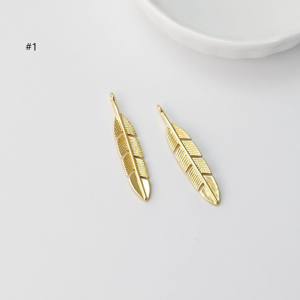 Gold Feather Charm, Dainty Matte Gold Plated Feather Pendant, Necklace Bracelet Earring Making