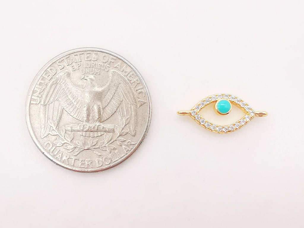 Cubic Evil Eye Connector Charm, 18K Gold Plated Micro CZ Pave Connector, 17x7mm, Bracelet Making, Jewelry Findings S126