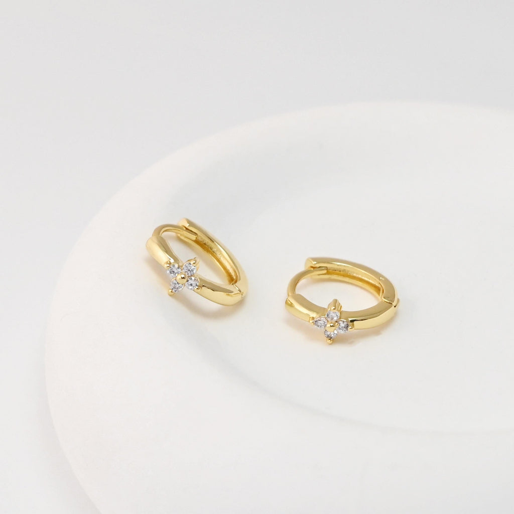 CZ Pave Flower Ear Hoop, Gold Plated Huggie Hoop Earring, Leverback Earring, DIY Earring  Findings, Handmade Earring Supplies D0531-D0539