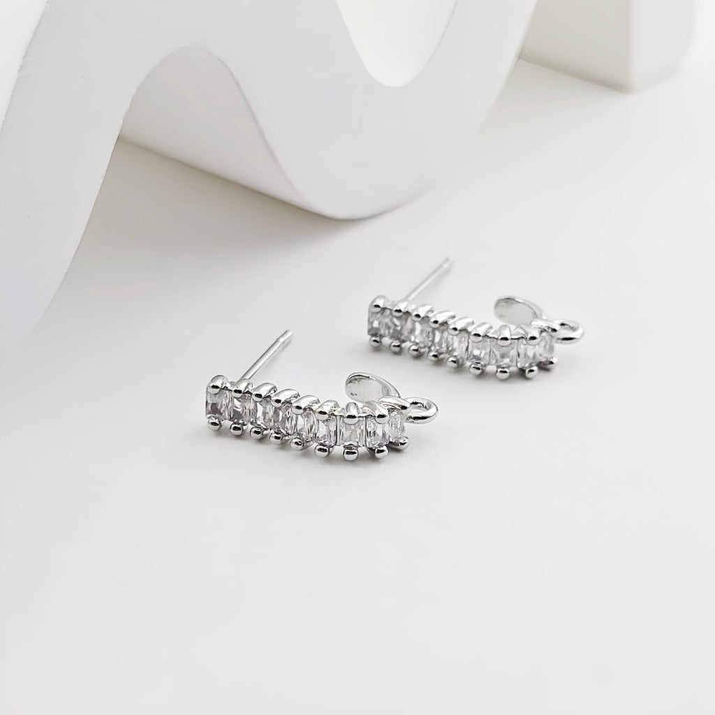 J Shape Ear Post with Loop, Nickel Free, CZ Pave, 15.2*3.7mm, Silver/18K Gold Plated Stud Earring Finding ZX303