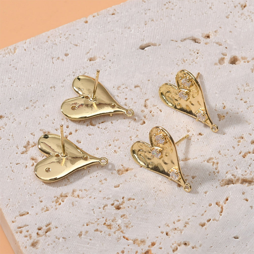 Gold Polished love heart CZ Earring Post,  14K Gold Nickel Free Earrings, S925 Silver Ear Pins, 19mm, Heart Shape Ear Stud with Loop LL239