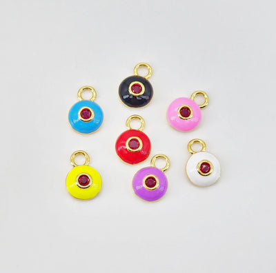 Enamel Cubic Evil Eye Charm, 18K Gold Plated Micro CZ Pave Round Pendant, 9x13mm, Necklace Making Charm, Jewelry Findings S20803