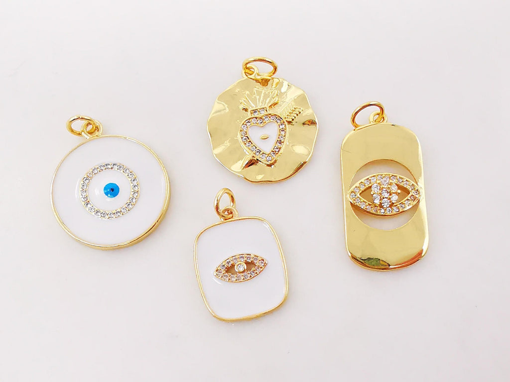 Enamel Evil Eye Charm, Coin Pendant, Heart Charm, 18K Gold Plated CZ Pave Eye Pendant, Necklace Making Charm, Jewelry Findings S385