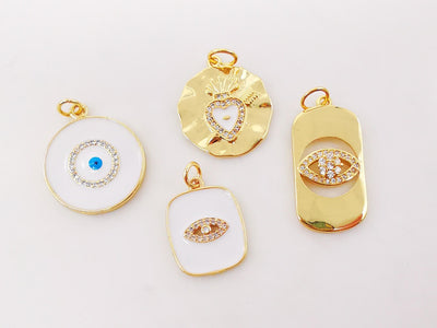 Enamel Evil Eye Charm, Coin Pendant, Heart Charm, 18K Gold Plated CZ Pave Eye Pendant, Necklace Making Charm, Jewelry Findings S385