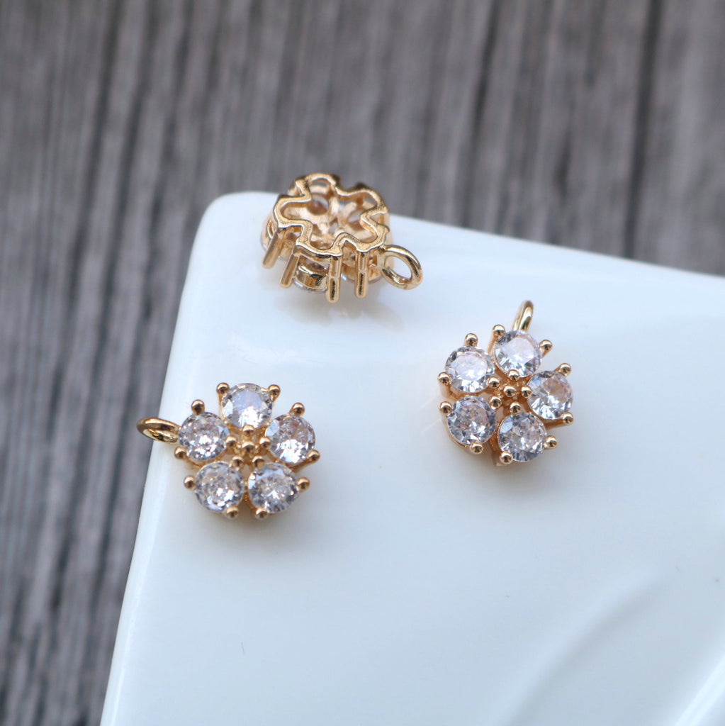 CZ Flower Charm, Cubic Zircon Crystal Flower Pendant, CZ Earring Charms, Gold Plated Brass Earring Charms, Jewelry Findings HL006-F202