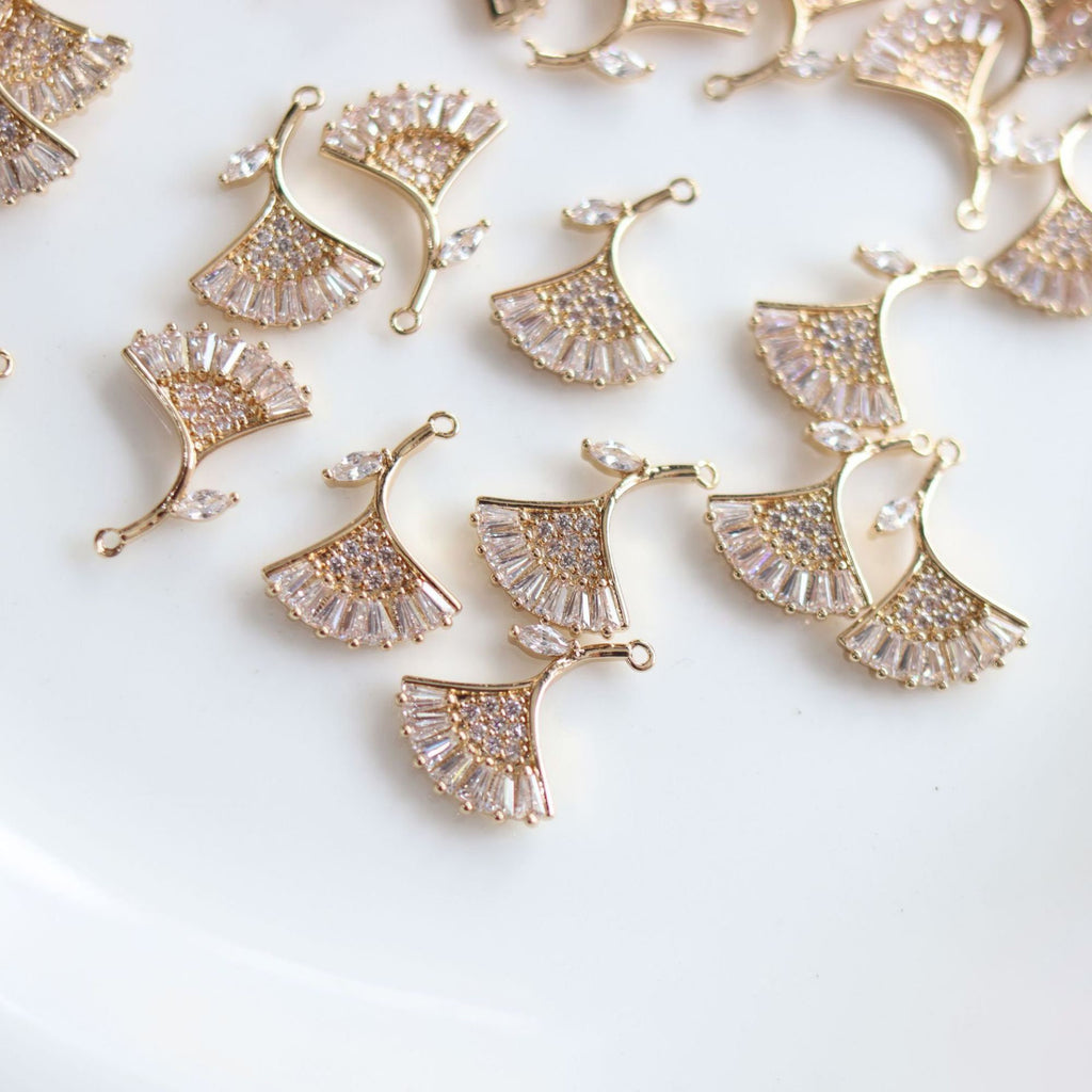 CZ Pave Fan Shape Charm, Cubic Zircon Crystal Fan Connector, CZ Earring Charms, Real Gold Plated, Jewelry Findings STG053-F219