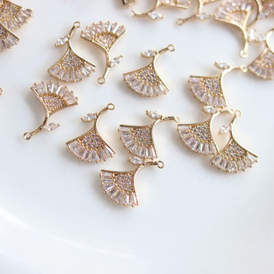 CZ Pave Fan Shape Charm, Cubic Zircon Crystal Fan Connector, CZ Earring Charms, Real Gold Plated, Jewelry Findings STG053-F219