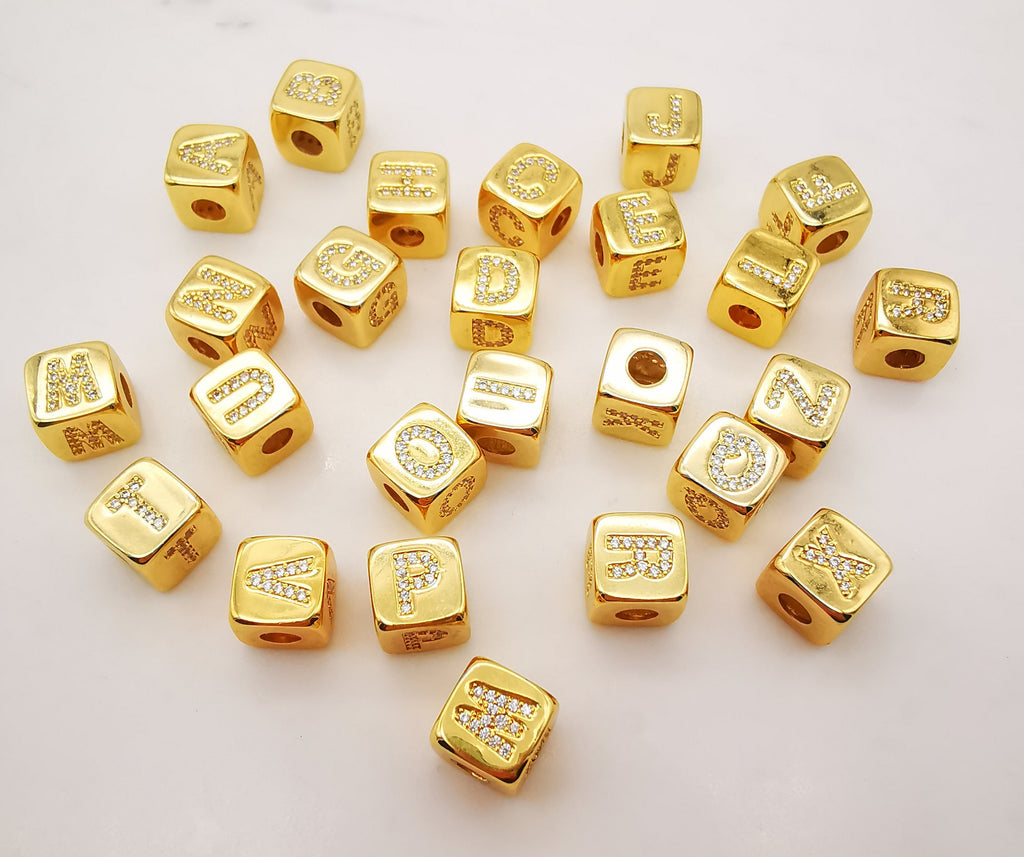 18K Shiny Gold Cube Alphabet Beads, Initial Square Beads, Micro CZ Pave, 9x9mm, Big Hole Letter Beads for Necklace Bracelet Making S909