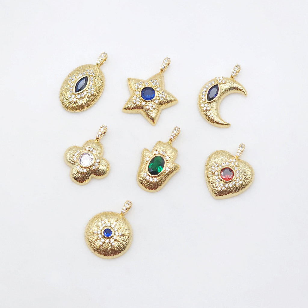 Textured Cubic Pave Pendant, 18K Gold Plated, Star/Moon/Oval/Roumd/Flower/Hand/Heart, Jewelry making supplies S20499