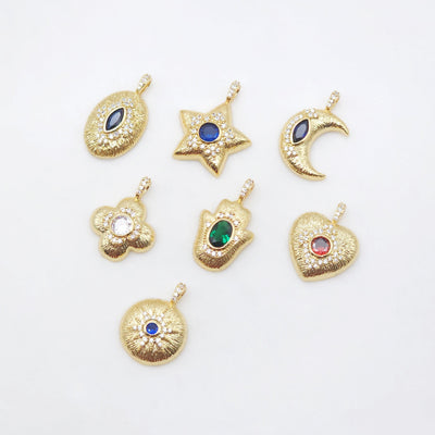 Textured Cubic Pave Pendant, 18K Gold Plated, Star/Moon/Oval/Roumd/Flower/Hand/Heart, Jewelry making supplies S20499