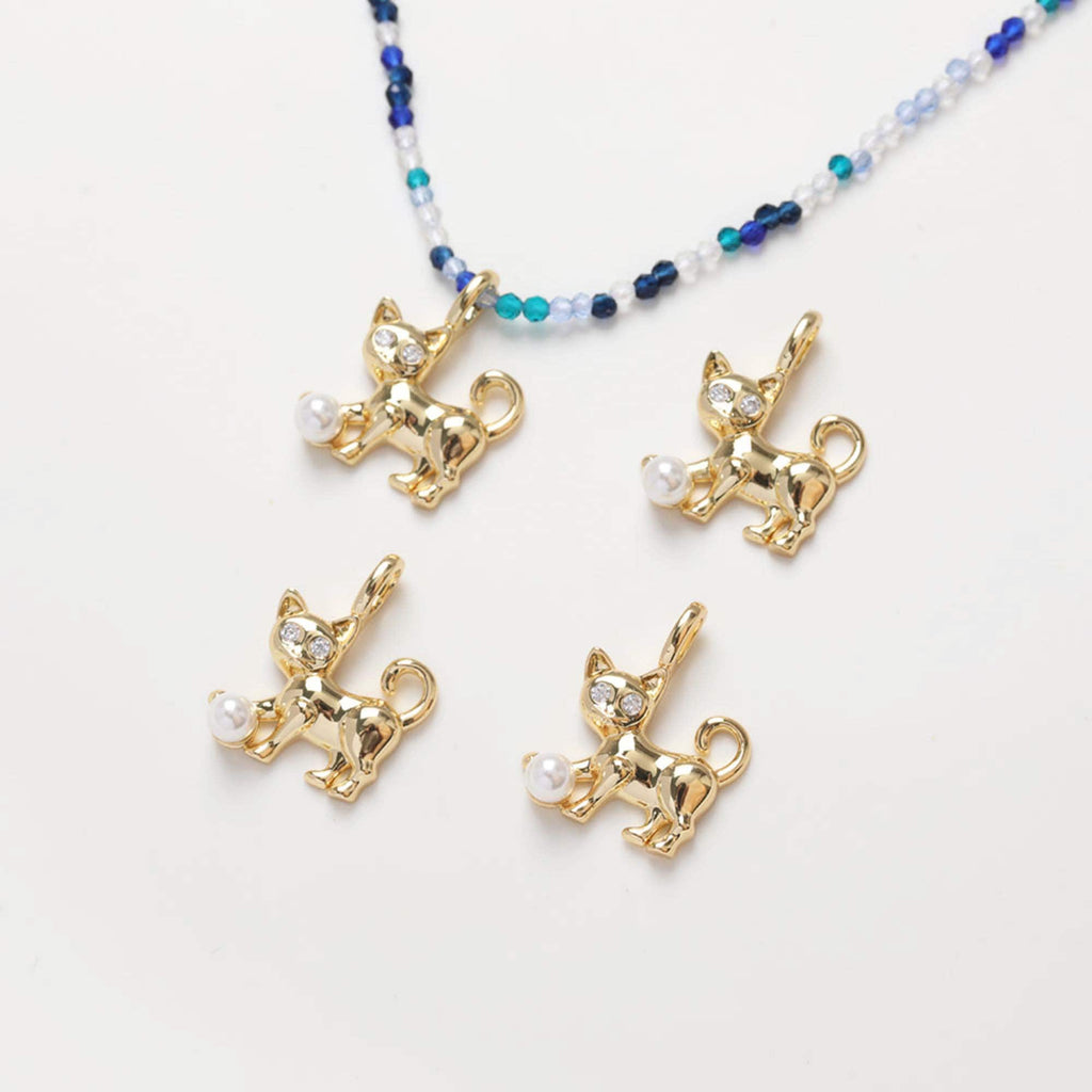 Dainty Pearl Kitty Charm, CZ Pave Cat Pendant, 3D Pendant, 18K Gold Plated, Necklace Pendant Findings S20391