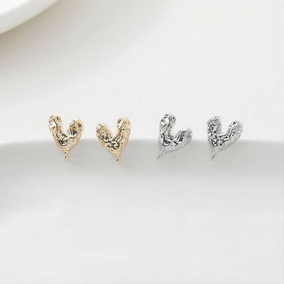 Hammered Heart Earring Post, 14K Gold/Silver, S925 Silver Pin Nickel Free Earrings, Heart Shape Ear Stud with Loop GE007