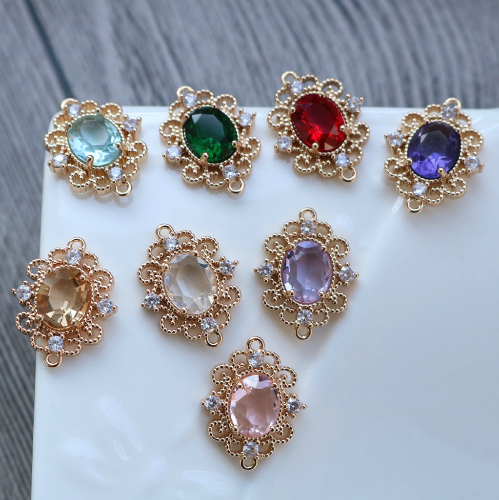 10pcs Flower Oval Charm, Cubic Zircon Crystal Flower Pendant, Real Gold Plated Brass Earring Charms, Jewelry Findings HL079-F119