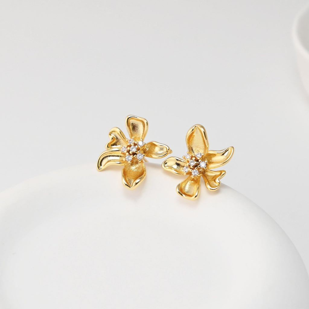 CZ Pave Flower Earrings Post With Loop, 18K Gold Plated, Nickel Free, S925 Silver Pin,Ear Stud Hypoallergenic Earring Findings D0477