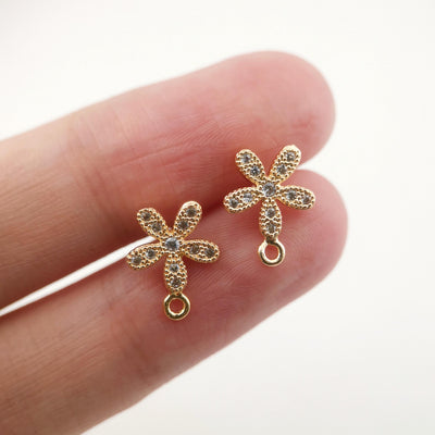 4 piezas de pendientes con forma de flor, pendientes de botón de latón chapado en oro auténtico con aro, pasador de plata S925, pendientes con pavé de circonitas, accesorio para pendientes ZX044