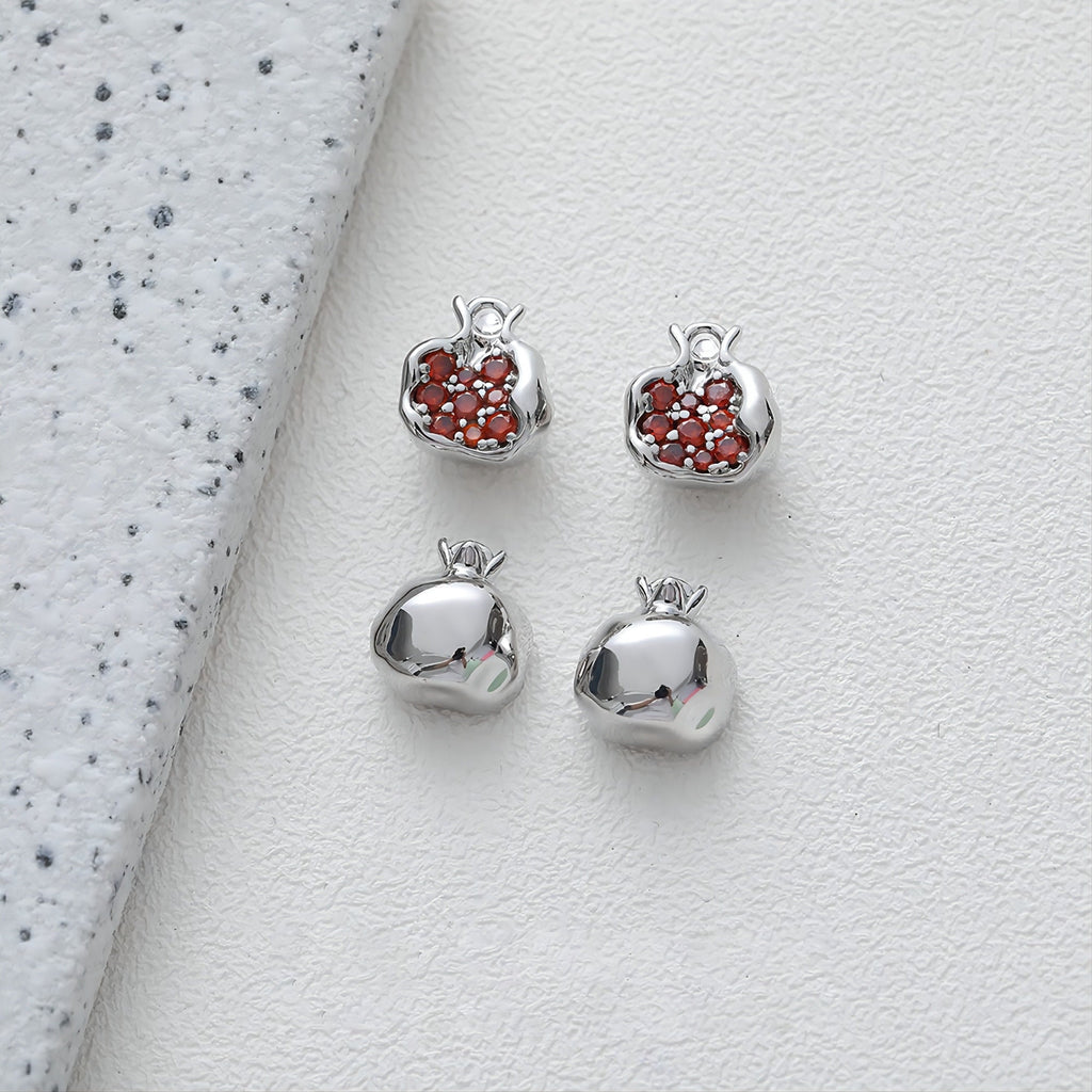 3D Pomegranate Pendant, Fruit Charm, 14K Gold/Silver, Pave Red CZ, Necklace Charms, Jewelry Findings GS011