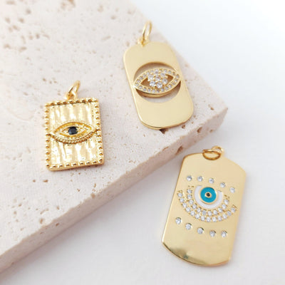 Gold Evil Eye Card Charms, Enamel Eye Pendant, 18K Gold Plated Brass, Necklace Making Charms, Jewelry Findings S20553