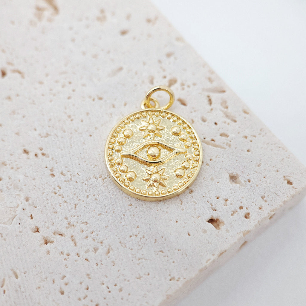 Evil Eye Coin Charm, 18K Gold Plated Round Eye Pendant, 16mm, Necklace Earring Bracelet Making Charm, Jewelry Findings S913