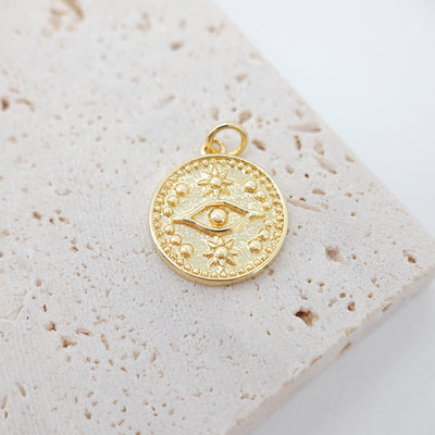 Evil Eye Coin Charm, 18K Gold Plated Round Eye Pendant, 16mm, Necklace Earring Bracelet Making Charm, Jewelry Findings S913