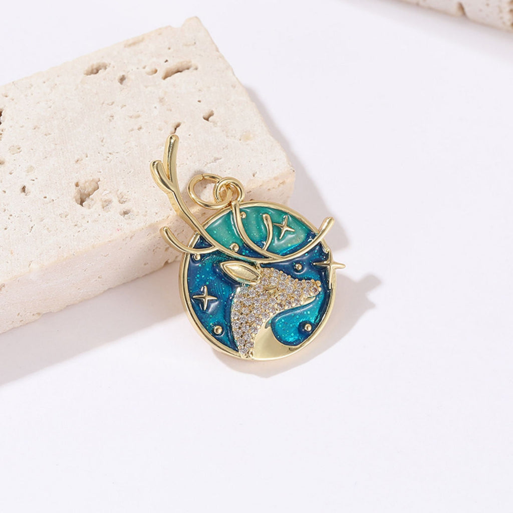 Enamel Round Deer Antler Charms, Sun, North Star, Malachite Blue Moose Pendant, 18K Gold Plated, Necklace Making Charms, Jewelry Findings