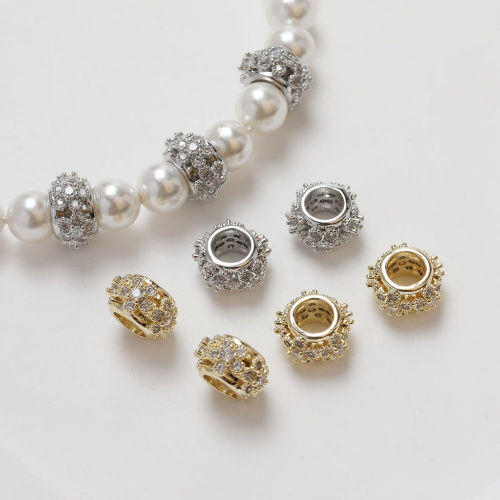 Cuentas espaciadoras con forma de flor de circonita pavé, chapadas en oro y plata de 14 quilates, cuentas redondas, delicadas cuentas para hacer aretes, accesorio de joyería GZ267