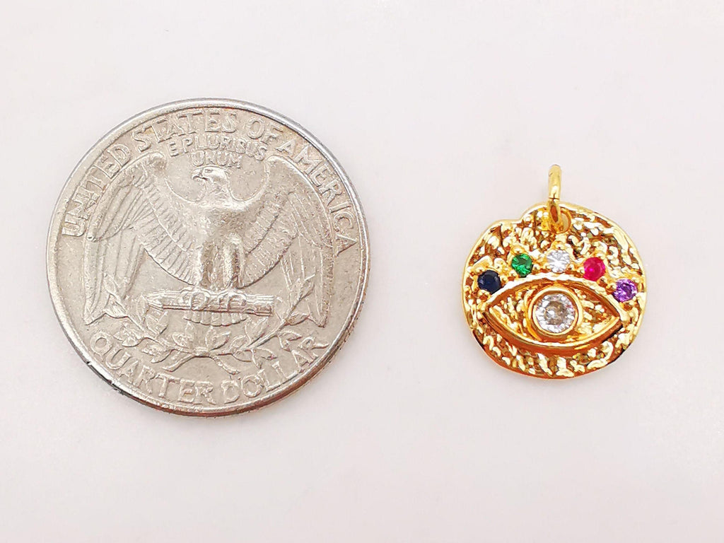 Colorful Cubic Evil Eye Charm, 18K Gold Plated Micro CZ Pave Round Pendant, 14mm, Necklace Making Charm, Jewelry Findings S130