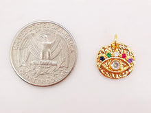 Load image into Gallery viewer, Colorful Cubic Evil Eye Charm, 18K Gold Plated Micro CZ Pave Round Pendant, 14mm, Necklace Making Charm, Jewelry Findings S130