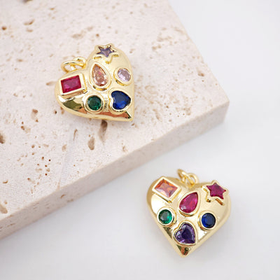 Crystal Heart Charm, 18K Gold Plated Charms for Necklace Bracelet Making, Pave CZ&Gemstones, Jewelry Findings S20638