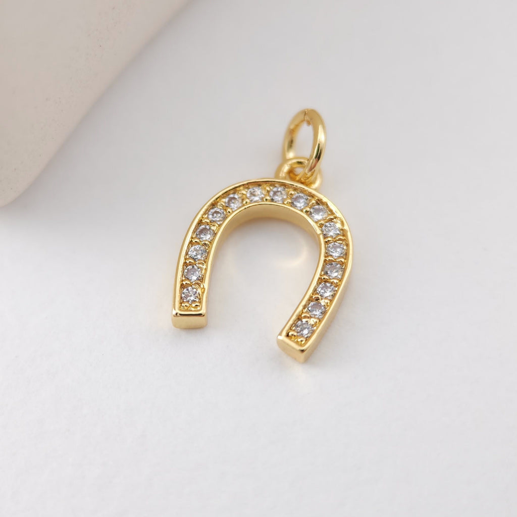 Gold Horseshoe Charm, Gold Scissors Pendant, 18K Gold Plated, CZ Pave, Jewelry Findings S1115