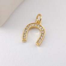 Load image into Gallery viewer, Gold Horseshoe Charm, Gold Scissors Pendant, 18K Gold Plated, CZ Pave, Jewelry Findings S1115