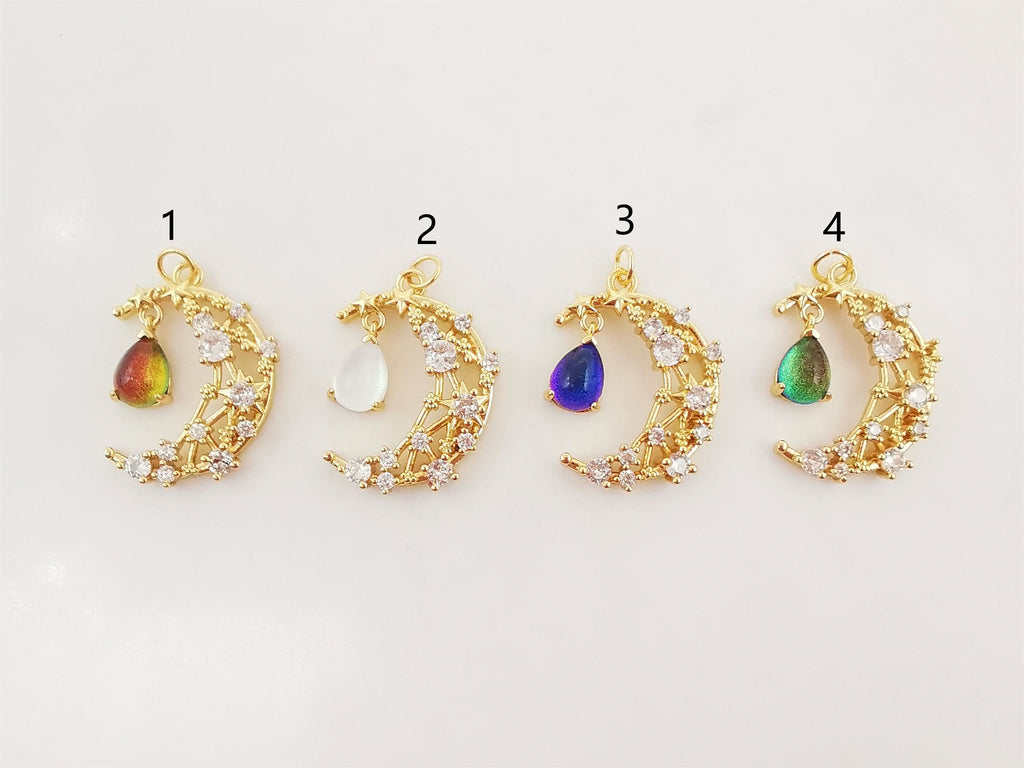 Dainty Crescent Moon Charm, CZ Pave Moon Pendant, Drop Crystal Multi Color, 18K Gold Plated, Necklace Pendant Findings S20276