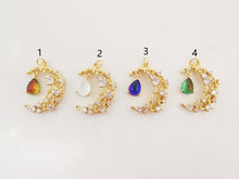 Load image into Gallery viewer, Dainty Crescent Moon Charm, CZ Pave Moon Pendant, Drop Crystal Multi Color, 18K Gold Plated, Necklace Pendant Findings S20276