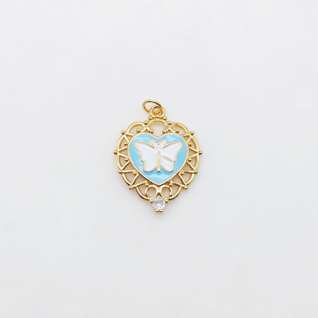 Enamel Butterfly Dangle Pendants, Heart Shape, 18K Gold Plated Enamel Butterfly Pendant, Earring Making Charm, Jewelry Findings S20552