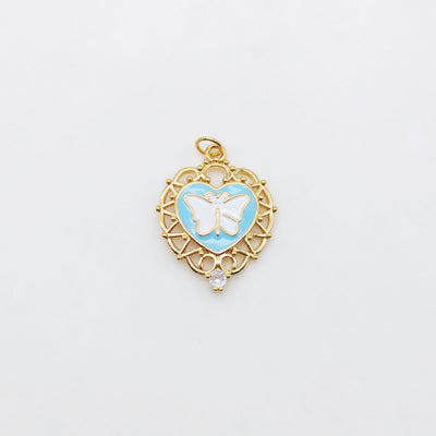Enamel Butterfly Dangle Pendants, Heart Shape, 18K Gold Plated Enamel Butterfly Pendant, Earring Making Charm, Jewelry Findings S20552