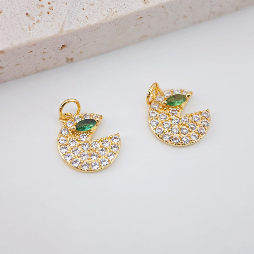 Biting Lip Charm, Pac-Man Pendant, 18K Gold Plated, CZ Pave Charms, for Jewelry Findings S919