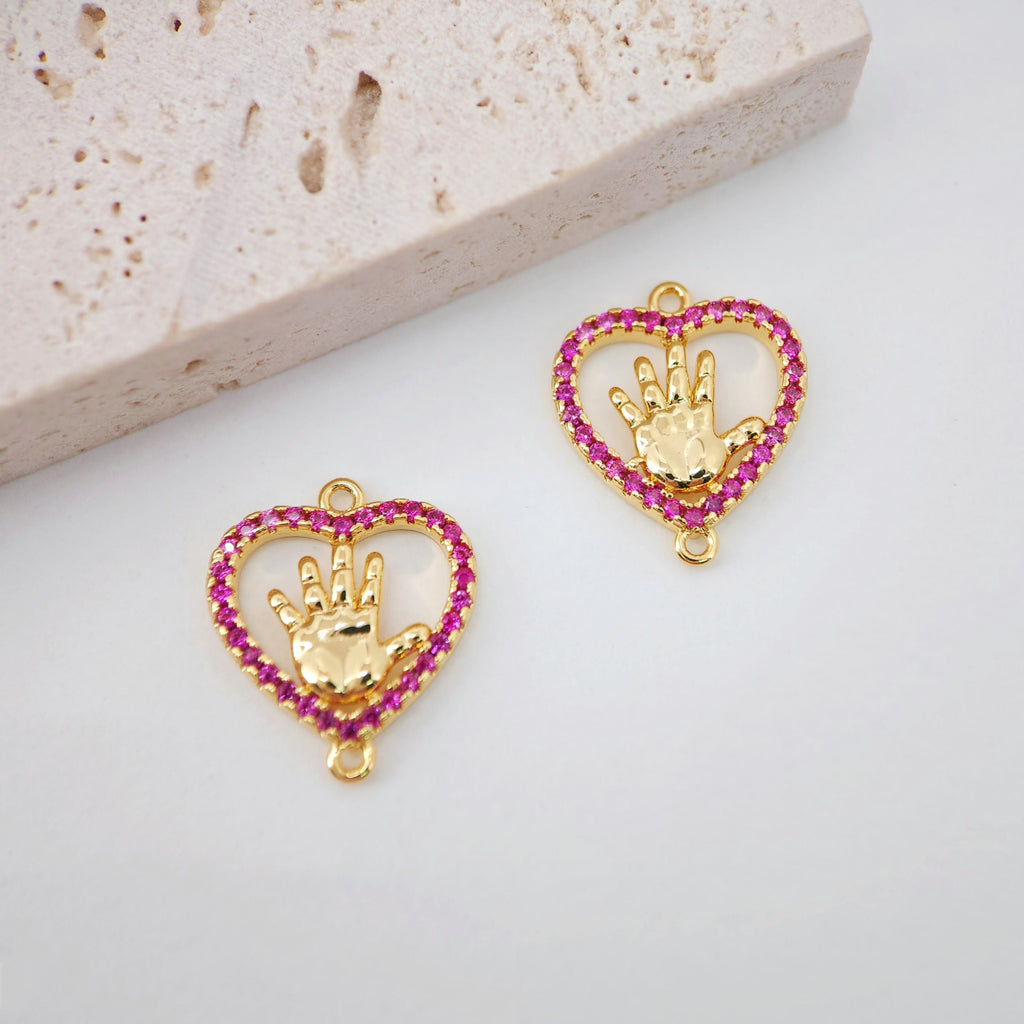 Hand Charm, Heart Shape Connector, 18K Gold Plated CZ Pave Pendant, Neckalce Bracelet Making Pendant, Jewelry Supply Finding S20254